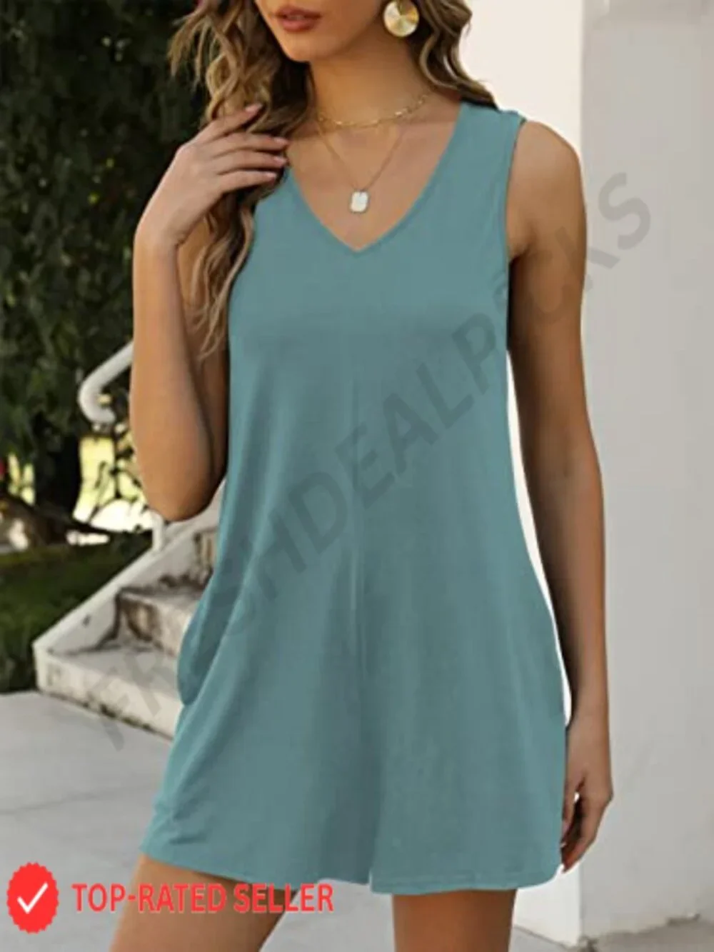 Women's Sleeveless V-Neck Romper Jumpsuit with Pockets, Loose Casual Summer